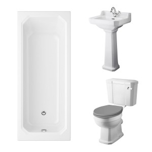 Wellington Close Coupled Comfort Height Toilet with Grey Seat & 500mm 1 Tap Hole Basin with 1700 x 750mm Traditional Straight Bath Single Ended