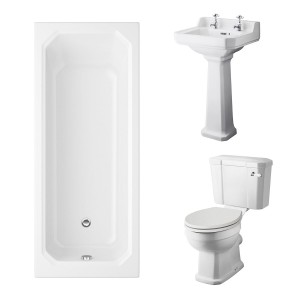 Wellington Close Coupled Toilet with Sand Seat & 500mm 2 Tap Hole Basin with 1700 x 700mm Traditional Straight Bath Single Ended