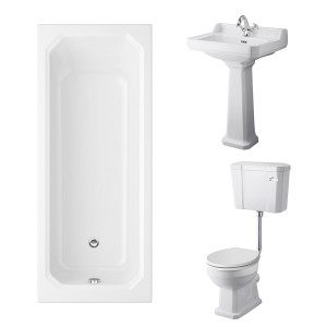 Wellington Low Level Toilet with White Seat & 600mm 1 Tap Hole Basin with 1700 x 750mm Traditional Straight Bath Single Ended
