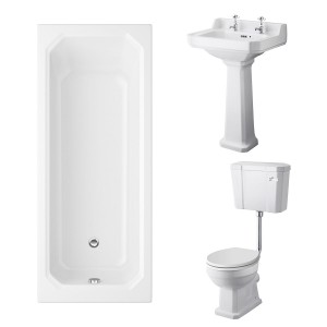 Wellington Low Level Toilet with White Seat & 560mm 2 Tap Hole Basin with 1700 x 750mm Traditional Straight Bath Single Ended