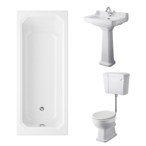 Wellington Low Level Toilet with Sand Seat & 600mm 1 Tap Hole Basin with 1700 x 750mm Traditional Straight Bath Single Ended