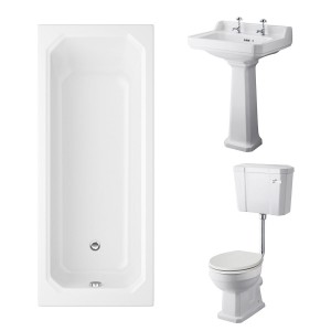 Wellington Low Level Toilet with Sand Seat & 600mm 2 Tap Hole Basin with 1700 x 750mm Traditional Straight Bath Single Ended