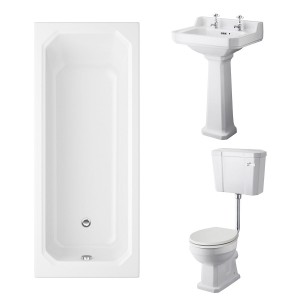 Wellington Low Level Toilet with Sand Seat & 560mm 2 Tap Hole Basin with 1700 x 750mm Traditional Straight Bath Single Ended