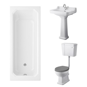 Wellington Low Level Toilet with Grey Seat & 600mm 1 Tap Hole Basin with 1700 x 750mm Traditional Straight Bath Single Ended