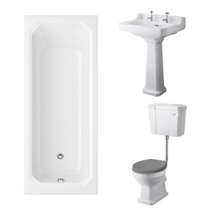 Wellington Low Level Toilet with Grey Seat & 600mm 2 Tap Hole Basin with 1700 x 750mm Traditional Straight Bath Single Ended