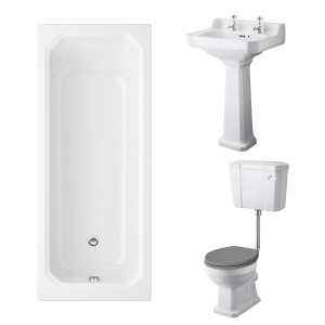 Wellington Low Level Toilet with Grey Seat & 560mm 2 Tap Hole Basin with 1700 x 750mm Traditional Straight Bath Single Ended