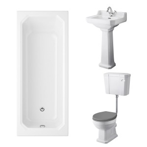 Wellington Low Level Toilet with Grey Seat & 500mm 1 Tap Hole Basin with 1700 x 750mm Traditional Straight Bath Single Ended