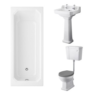 Wellington Low Level Toilet with Grey Seat & 500mm 2 Tap Hole Basin with 1700 x 750mm Traditional Straight Bath Single Ended