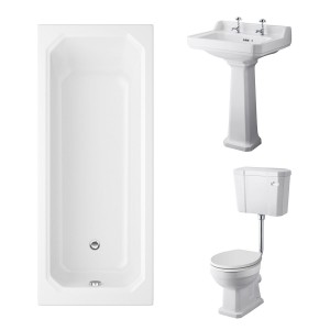 Wellington Low Level Comfort Height Toilet with White Seat & 600mm 2 Tap Hole Basin with 1700 x 750mm Traditional Straight Bath Single Ended