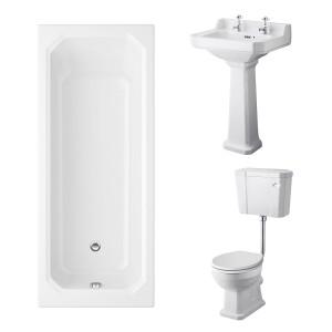 Wellington Low Level Comfort Height Toilet with White Seat & 560mm 2 Tap Hole Basin with 1700 x 750mm Traditional Straight Bath Single Ended