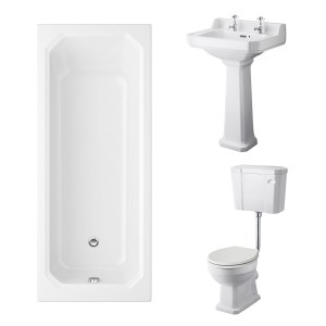 Wellington Low Level Comfort Height Toilet with Sand Seat & 560mm 2 Tap Hole Basin with 1700 x 750mm Traditional Straight Bath Single Ended