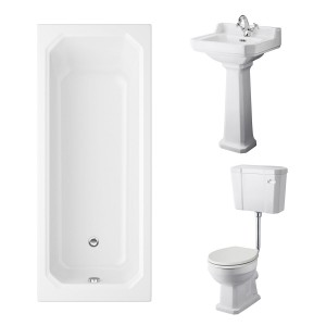 Wellington Low Level Comfort Height Toilet with Sand Seat & 500mm 1 Tap Hole Basin with 1700 x 750mm Traditional Straight Bath Single Ended