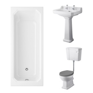 Wellington Low Level Comfort Height Toilet with Grey Seat & 600mm 2 Tap Hole Basin with 1700 x 750mm Traditional Straight Bath Single Ended