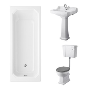 Wellington Low Level Comfort Height Toilet with Grey Seat & 560mm 1 Tap Hole Basin with 1700 x 750mm Traditional Straight Bath Single Ended