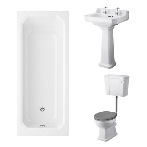 Wellington Low Level Comfort Height Toilet with Grey Seat & 560mm 2 Tap Hole Basin with 1700 x 750mm Traditional Straight Bath Single Ended