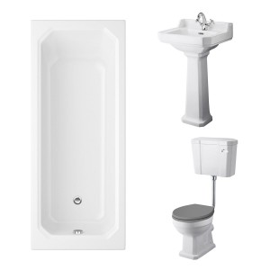 Wellington Low Level Comfort Height Toilet with Grey Seat & 500mm 1 Tap Hole Basin with 1700 x 750mm Traditional Straight Bath Single Ended