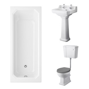 Wellington Low Level Comfort Height Toilet with Grey Seat & 500mm 2 Tap Hole Basin with 1700 x 750mm Traditional Straight Bath Single Ended