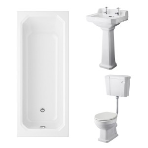 Wellington Low Level Comfort Height Toilet with Sand Seat & 500mm 2 Tap Hole Basin with 1700 x 700mm Traditional Straight Bath Single Ended