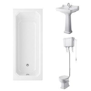 Wellington High Level Toilet with White Seat & 600mm 1 Tap Hole Basin with 1700 x 750mm Traditional Straight Bath Single Ended