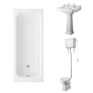 Wellington High Level Toilet with White Seat & 600mm 2 Tap Hole Basin with 1700 x 750mm Traditional Straight Bath Single Ended