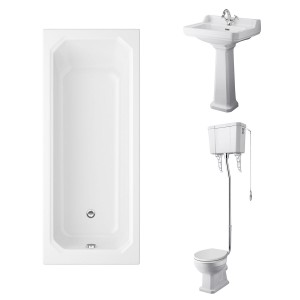 Wellington High Level Toilet with White Seat & 560mm 1 Tap Hole Basin with 1700 x 750mm Traditional Straight Bath Single Ended