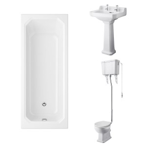 Wellington High Level Toilet with White Seat & 560mm 2 Tap Hole Basin with 1700 x 750mm Traditional Straight Bath Single Ended