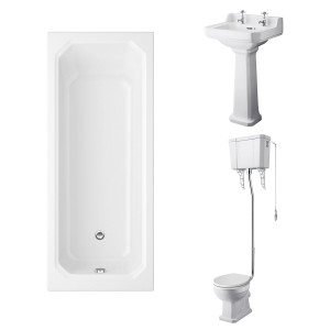 Wellington High Level Toilet with White Seat & 500mm 2 Tap Hole Basin with 1700 x 750mm Traditional Straight Bath Single Ended