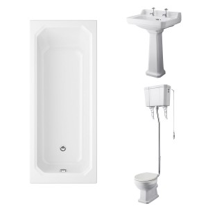 Wellington High Level Toilet with Sand Seat & 600mm 2 Tap Hole Basin with 1700 x 750mm Traditional Straight Bath Single Ended