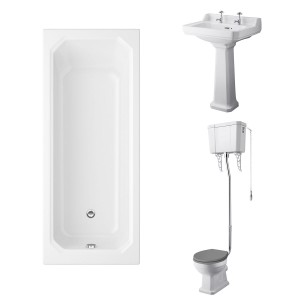 Wellington High Level Toilet with Grey Seat & 600mm 2 Tap Hole Basin with 1700 x 750mm Traditional Straight Bath Single Ended