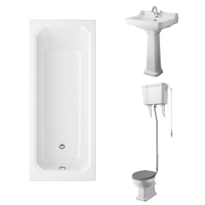 Wellington High Level Toilet with Grey Seat & 560mm 1 Tap Hole Basin with 1700 x 750mm Traditional Straight Bath Single Ended