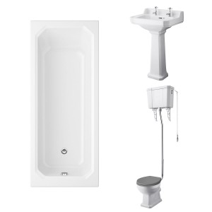 Wellington High Level Toilet with Grey Seat & 560mm 2 Tap Hole Basin with 1700 x 750mm Traditional Straight Bath Single Ended