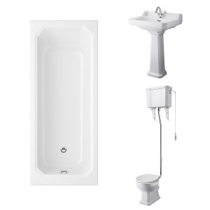 Wellington High Level Comfort Height Toilet with White Seat & 600mm 1 Tap Hole Basin with 1700 x 750mm Traditional Straight Bath Single Ended