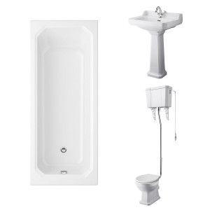 Wellington High Level Comfort Height Toilet with White Seat & 560mm 1 Tap Hole Basin with 1700 x 750mm Traditional Straight Bath Single Ended
