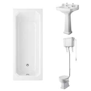 Wellington High Level Comfort Height Toilet with White Seat & 560mm 2 Tap Hole Basin with 1700 x 750mm Traditional Straight Bath Single Ended