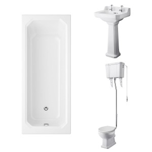 Wellington High Level Comfort Height Toilet with White Seat & 500mm 2 Tap Hole Basin with 1700 x 750mm Traditional Straight Bath Single Ended