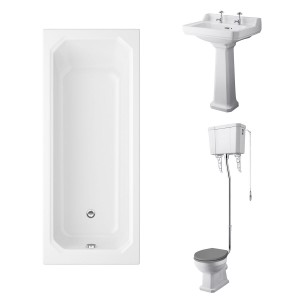 Wellington High Level Comfort Height Toilet with Grey Seat & 600mm 2 Tap Hole Basin with 1700 x 750mm Traditional Straight Bath Single Ended