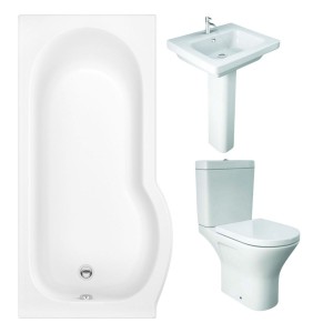 RAK Resort Mini Open Back Toilet with 550mm Basin Modern Bathroom Suite with P-Shape Shower Bath and Front Panel - Left Hand - 1500mm