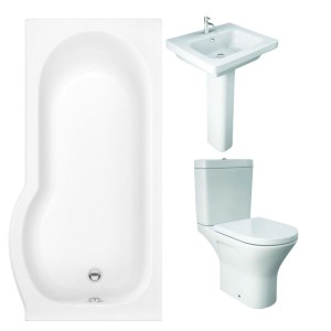 RAK Resort Mini Open Back Toilet with 550mm Basin Modern Bathroom Suite with P-Shape Shower Bath and Front Panel - Right Hand - 1500mm