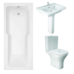 RAK Resort Mini Open Back Toilet with 650mm Basin Modern Bathroom Suite and Straight Shower Bath with Front Panel - 1700 x 750mm