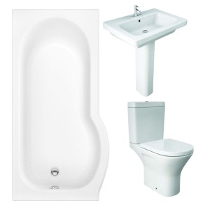 RAK Resort Mini Open Back Toilet with 650mm Basin Modern Bathroom Suite with P-Shape Shower Bath and Front Panel - Left Hand - 1675mm