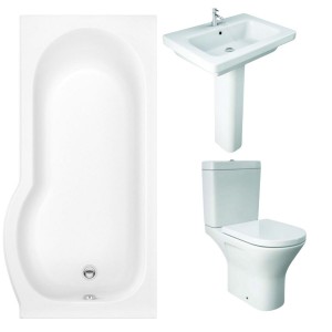 RAK Resort Mini Open Back Toilet with 650mm Basin Modern Bathroom Suite with P-Shape Shower Bath and Front Panel - Right Hand - 1675mm