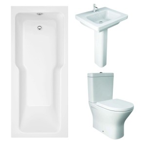 RAK Resort Mini Closed Back Toilet with 550mm Basin Modern Bathroom Suite and Straight Shower Bath with Front Panel - 1700 x 750mm