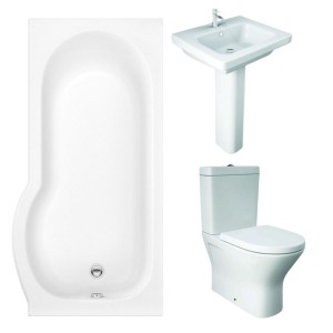 RAK Resort Mini Closed Back Toilet with 550mm Basin Modern Bathroom Suite with P-Shape Shower Bath - Right Hand - 1675mm