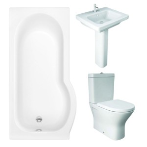 RAK Resort Mini Closed Back Toilet with 550mm Basin Modern Bathroom Suite with P-Shape Shower Bath and Front Panel - Left Hand - 1675mm
