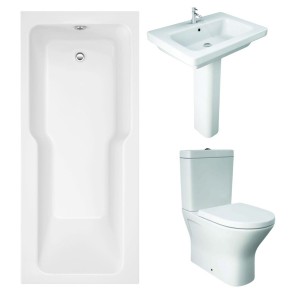 RAK Resort Mini Closed Back Toilet with 650mm Basin Modern Bathroom Suite and Straight Shower Bath with Front Panel - 1700 x 750mm