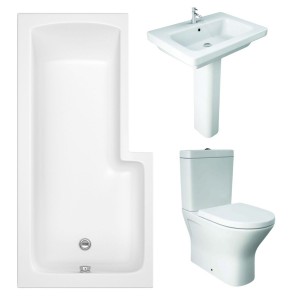 RAK Resort Mini Closed Back Toilet with 650mm Basin Modern Bathroom Suite with L-Shape Shower Bath - Left Hand - 1700mm