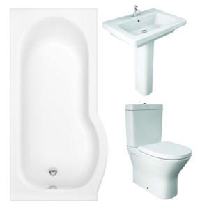 RAK Resort Mini Closed Back Toilet with 650mm Basin Modern Bathroom Suite with P-Shape Shower Bath and Front Panel - Left Hand - 1500mm