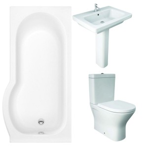 RAK Resort Mini Closed Back Toilet with 650mm Basin Modern Bathroom Suite with P-Shape Shower Bath and Front Panel - Right Hand - 1500mm