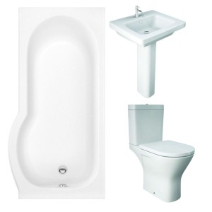 RAK Resort Maxi Open Back Toilet with 550mm Basin Modern Bathroom Suite with P-Shape Shower Bath - Right Hand - 1675mm