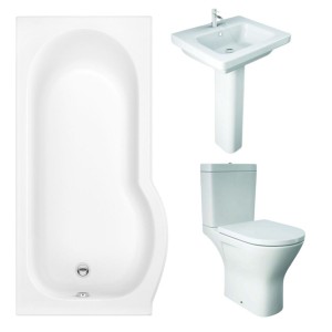 RAK Resort Maxi Open Back Toilet with 550mm Basin Modern Bathroom Suite with P-Shape Shower Bath - Left Hand - 1500mm